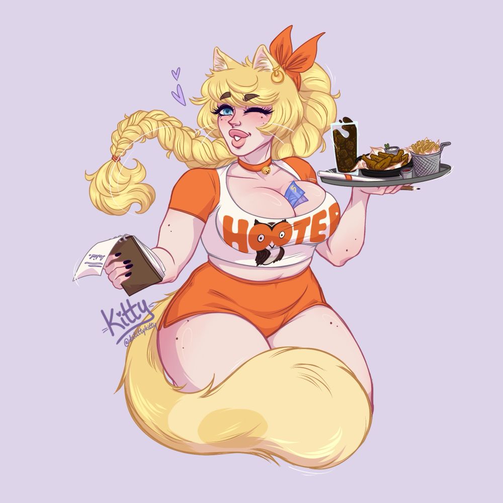 A drawing depicting Kitty, a thicc blonde catgirl with a long braid, wearing the iconic 'Hooters' white and orange shorts and crop top uniform, her cleavage fully on display. She is winking at the viewer while holding a tray of root beer, chicken wings and fries in one hand and a notebook to take orders in the other. She also has an orange collar with a bell around her neck and some gold earrings on.