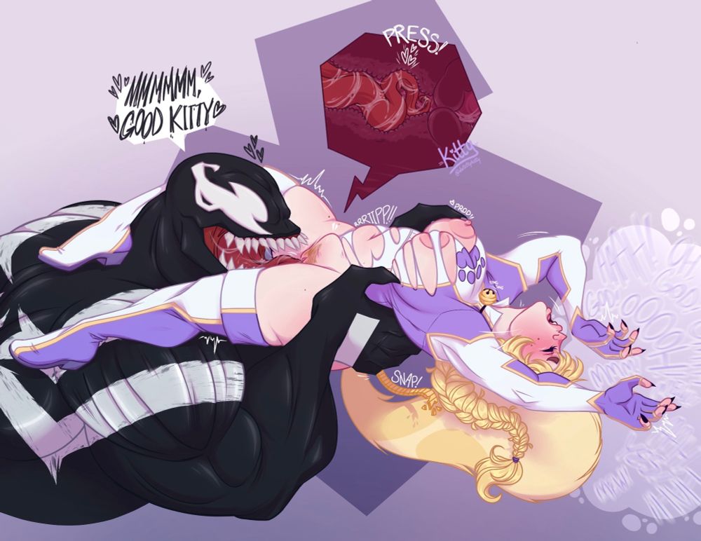 Picture of Kitty, dressed as her superhero alter ego 'Klaw', wearing a now-torn white and purple bodysuit with thigh high boots in the same color. She is laying on her back and is being eaten out by the alien symbiote Venom(specifically from Marvel Rivals), who is shoving his tongue deep inside her. Kitty is moaning out in pleasure as Venom holds her body up by her sides, and toys with her left nipple. There is a text above his head in an oozing font that reads "MMMMM, GOOD KITTY 🖤"