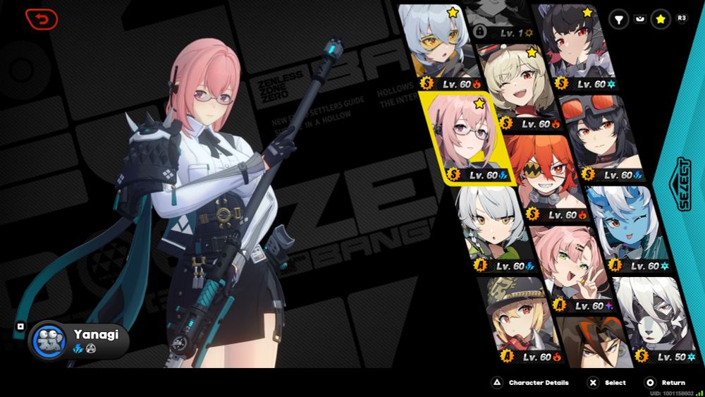 Zenless Zone Zero screenshot of Tsukishiro Yanagi in the character select menu