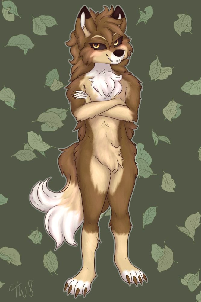 Anthro wolf character full body portrait, yellow eyes, green background