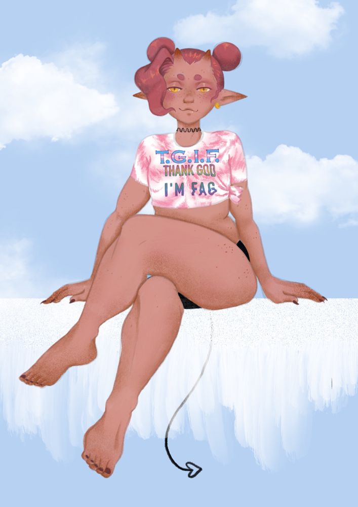 An illustration of Vin sitting on a white surface in the sky, wearing a shirt that says "T. G. I. F. : Thank God I'm Fag"