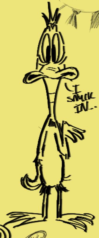 Cautious piss-colored Daffy exclaims “I snuck in….”