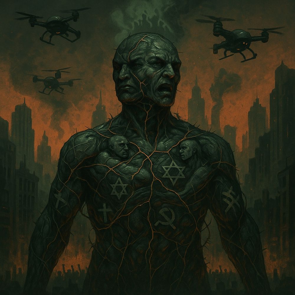 A towering humanoid creature made of interwoven human bodies stands in a ruined, burning city. Its skin is dark and cracked like stone, glowing with orange fissures. Multiple distorted faces protrude from its torso and shoulders, representing people who should be enemies fused together. Across its chest and arms, religious and political symbols including a Star of David, a cross, and a hammer and sickle appear etched into its flesh. Surveillance drones circle overhead like predators. Toxic green smoke rises behind the figure as it looms over a devastated skyline lit by red authoritarian fire. The overall mood is oppressive, dystopian, and uncanny, symbolizing the violent collapse of identity boundaries into one monstrous collective form.