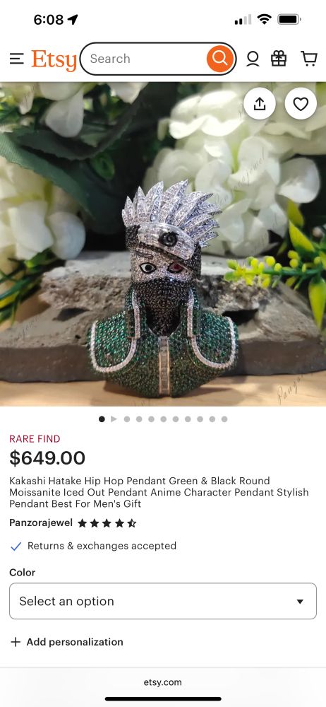 Etsy page for “kakashi Hatake hip hop green & black round moissanite iced out pendant anime character pendant stylish pendant best for men’s gift” with a photo of the bedazzled kakashi bust in question 
