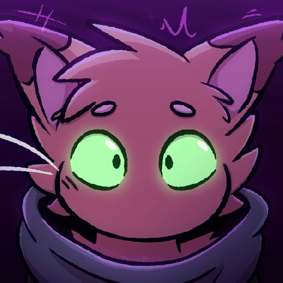 bust of Condor (an OC that is an orange fuffy creature of sorts) in purple lighting looking at the viewer with bright green eyes