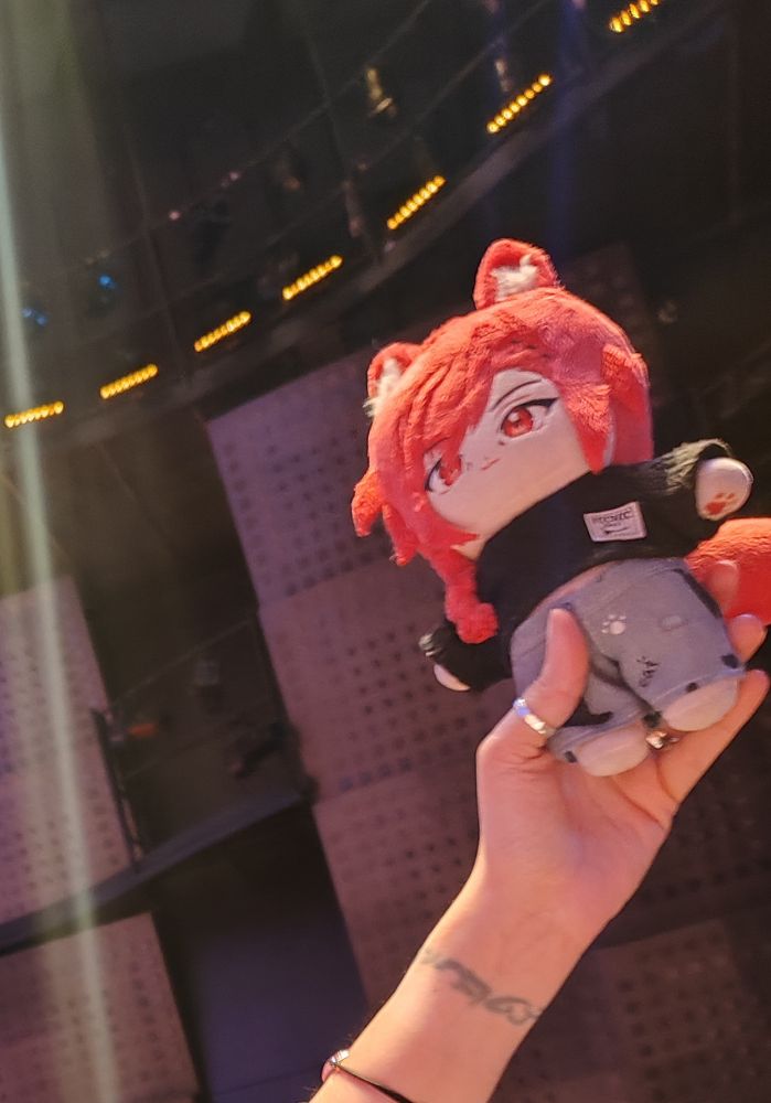 Peluche d'un  cat boy d'une vingtaine de cm, il a les oreilles, la queue et les cheveux rouge et à un jean et un sweat noir 
