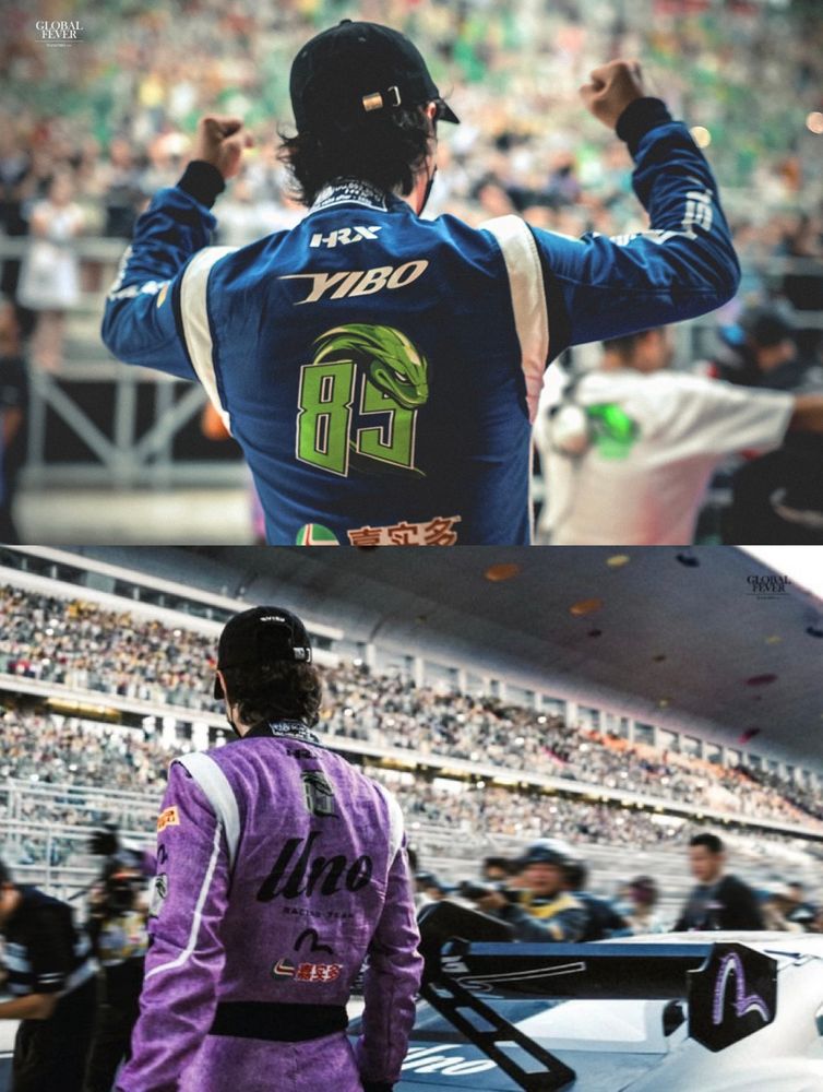 Two photos taken by turtle photographer Global Fever at Yibo's recent races, taken from behind at close range. In the first he is wearing a blue suit, fists raised in triumph. In the second, he's wearing a pink suit and looking out at the track and the spectators.