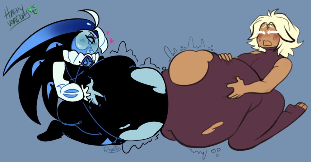 Art collab w/Royal. They drew Shadow Milk Cookie, and I drew Pure Vanilla. Both are sporting vore tums and honestly SMC coaxed him into it~ 