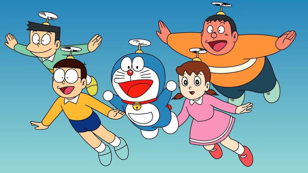 Doraemon, Nobita, and friends flying using Doraemon's Take-Copter