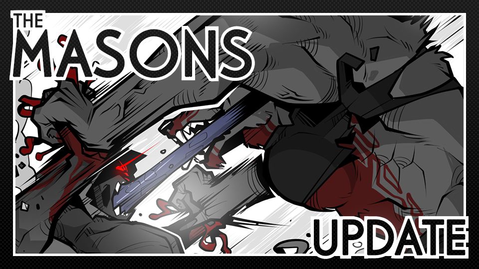 THE MASONS: Chapter 5 Page 22.

The thumbnail depicts a comic panel of the monster and the werewolf in a power struggle, the werewolf turning the monster's hands into a bloody mess. The monster extends his tongue past the werewolf's head.