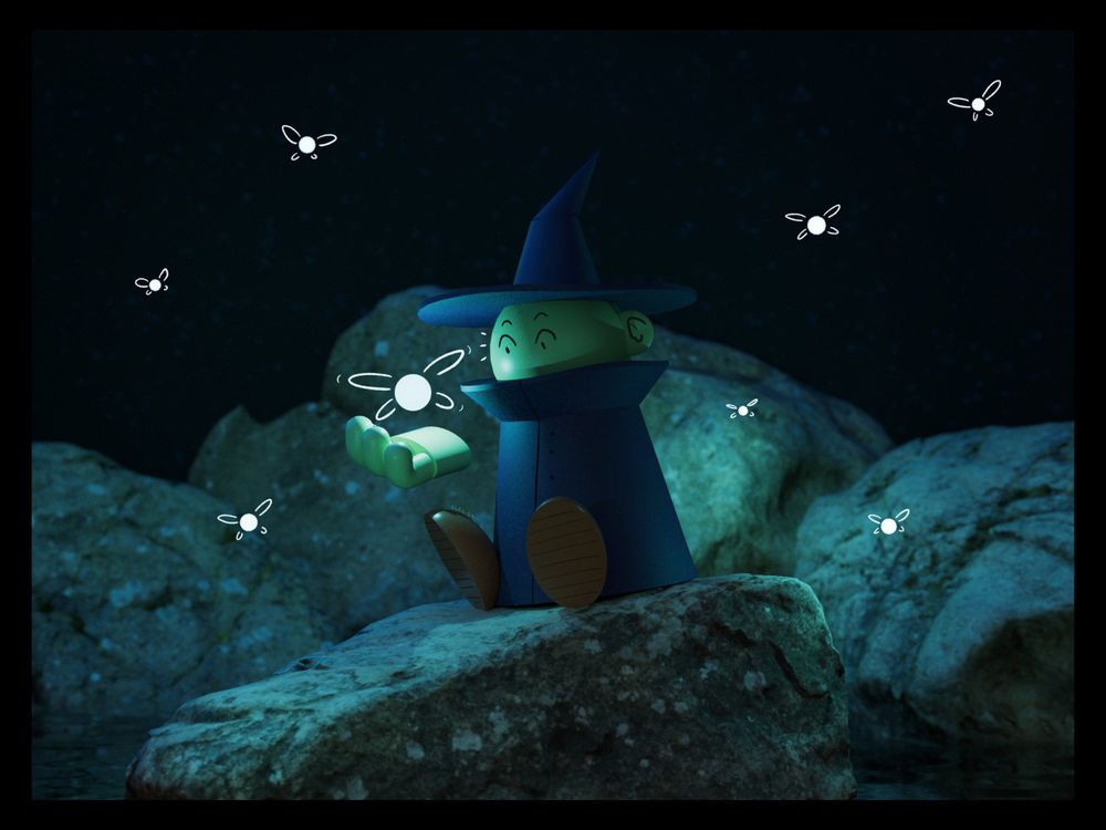 Little wizard in blue robes and a pointy hat sitting on a rock in the water, surrounded by fireflies and holding one in his palm.