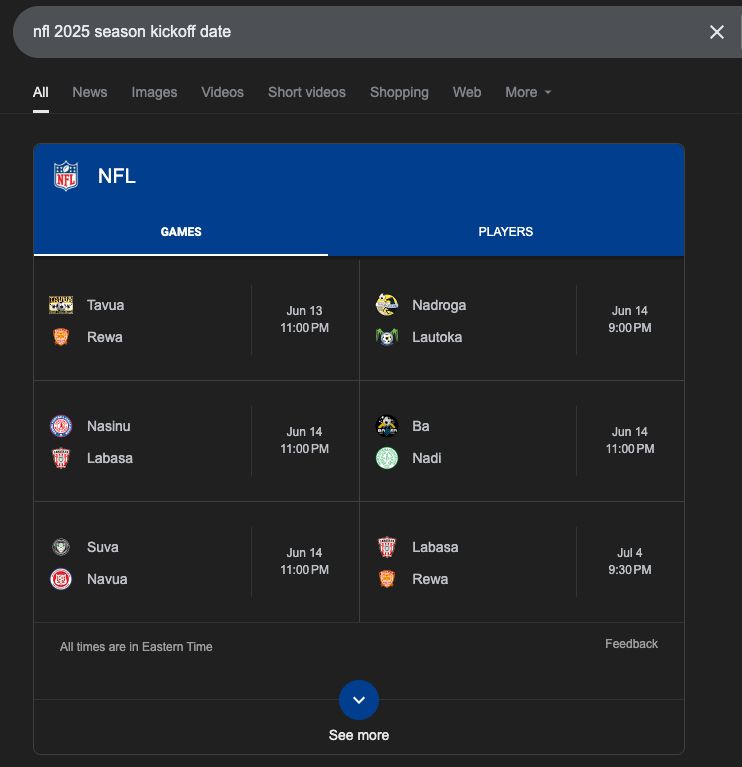 google search looking for the start of the NFL season but the results are focused on fijian football matches