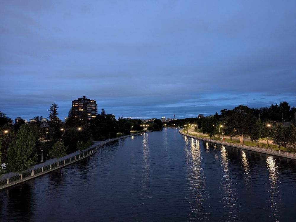 Facing north towards downtown Ottawa on the Flora Footbridge over the Rideau Canal.