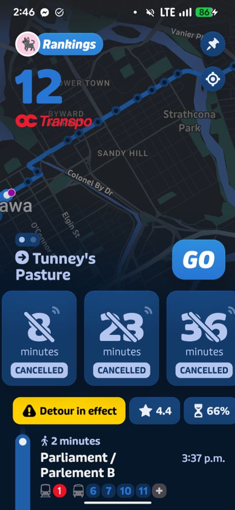 A screenshot of the Transit app showing the next 3 buses on OC Transpo route 12 towards Tunney's Pasture, all cancelled. 