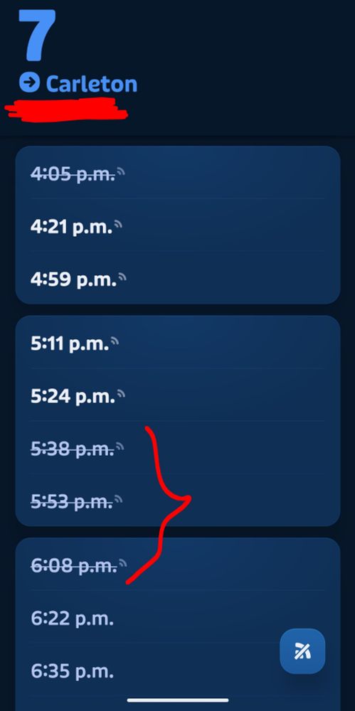 A screenshot from the Transit app, showing scheduled trips for the 7 Carleton (south/westbound).

The 4:05, 5:38, 5:53, and 6:08 PM trips are all cancelled. 