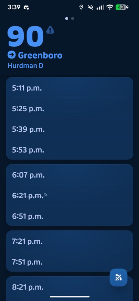 A screenshot from the Transit app showing upcoming trips for the 90 towards Hurdman. The 6:21 PM trip is cancelled.