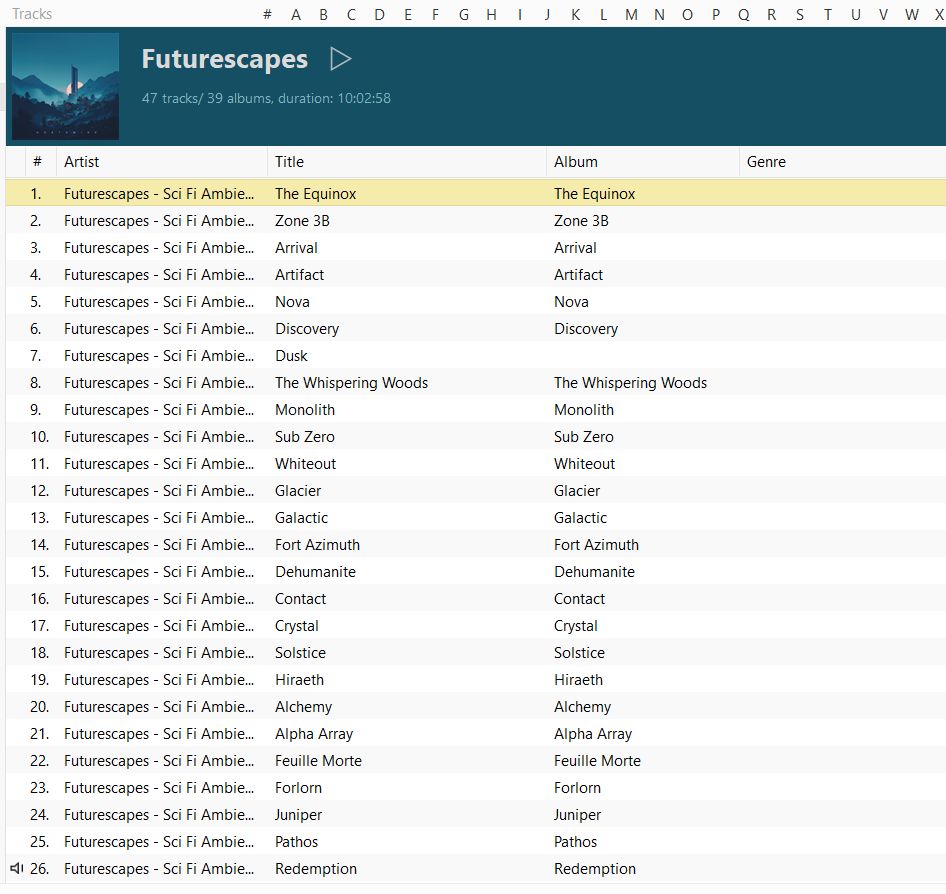 A screen capture from a MusicBee playlist that is entirely made up of science fiction ambience tracks by Futurescapes