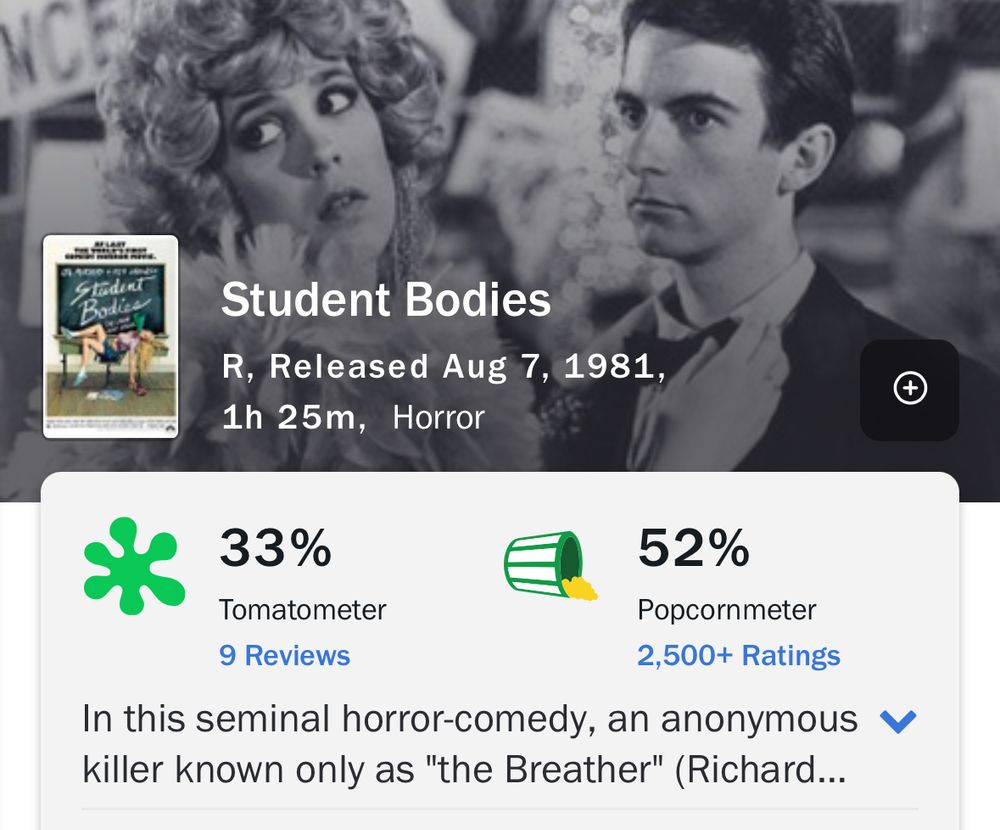 Screenshot of rotten tomatoes page for the film STUDENT BODIES (1981) with a 33% tomatometer score and a 52% popcornometer score
