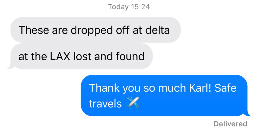 Text message with update on AirPods being dropped off to delta lost & found at LAX