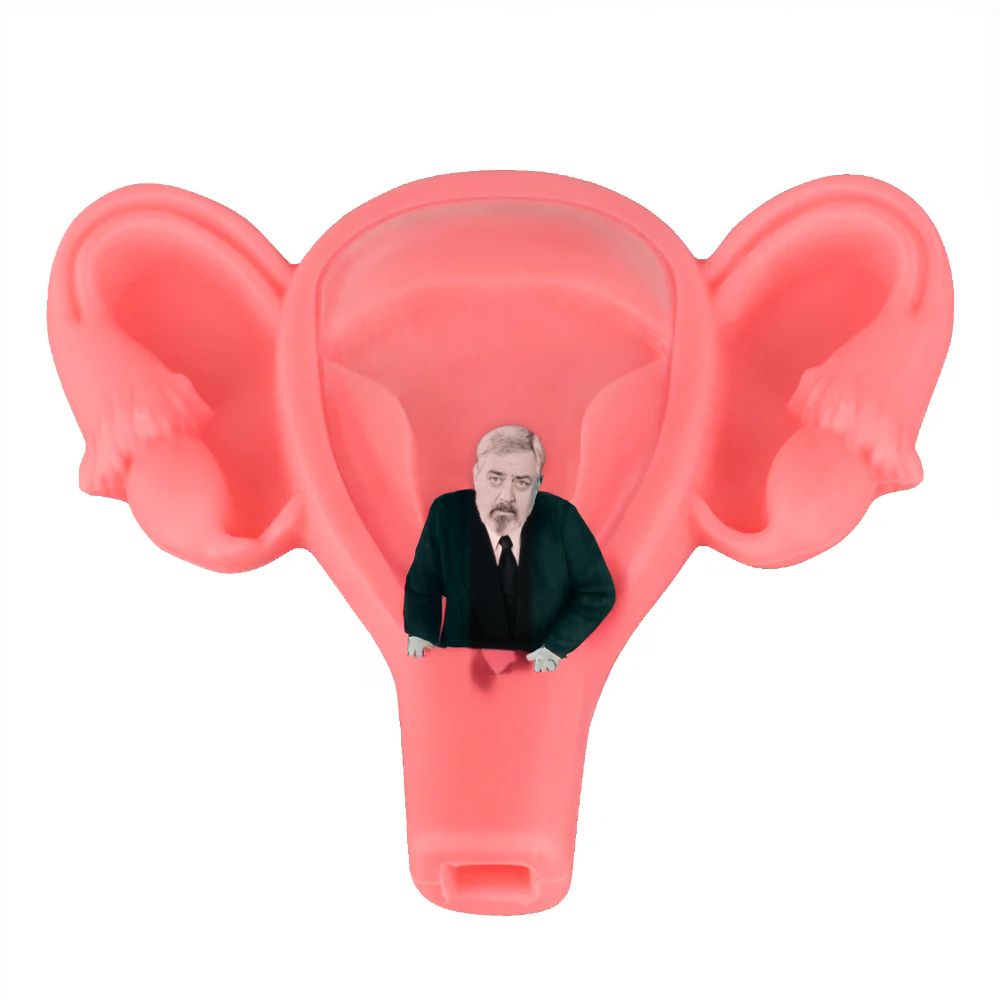 Perry Menopause: Perry Mason in a uterus with distorted AI hands