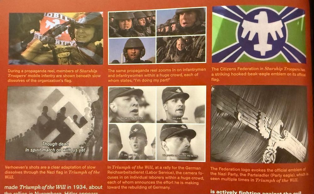 Examples of visual and stylistic similarities between Paul Verhoeven’s Starship Troopers (1997) and Leni Riefenstahl’s propaganda film Triumph of the Will (1935).