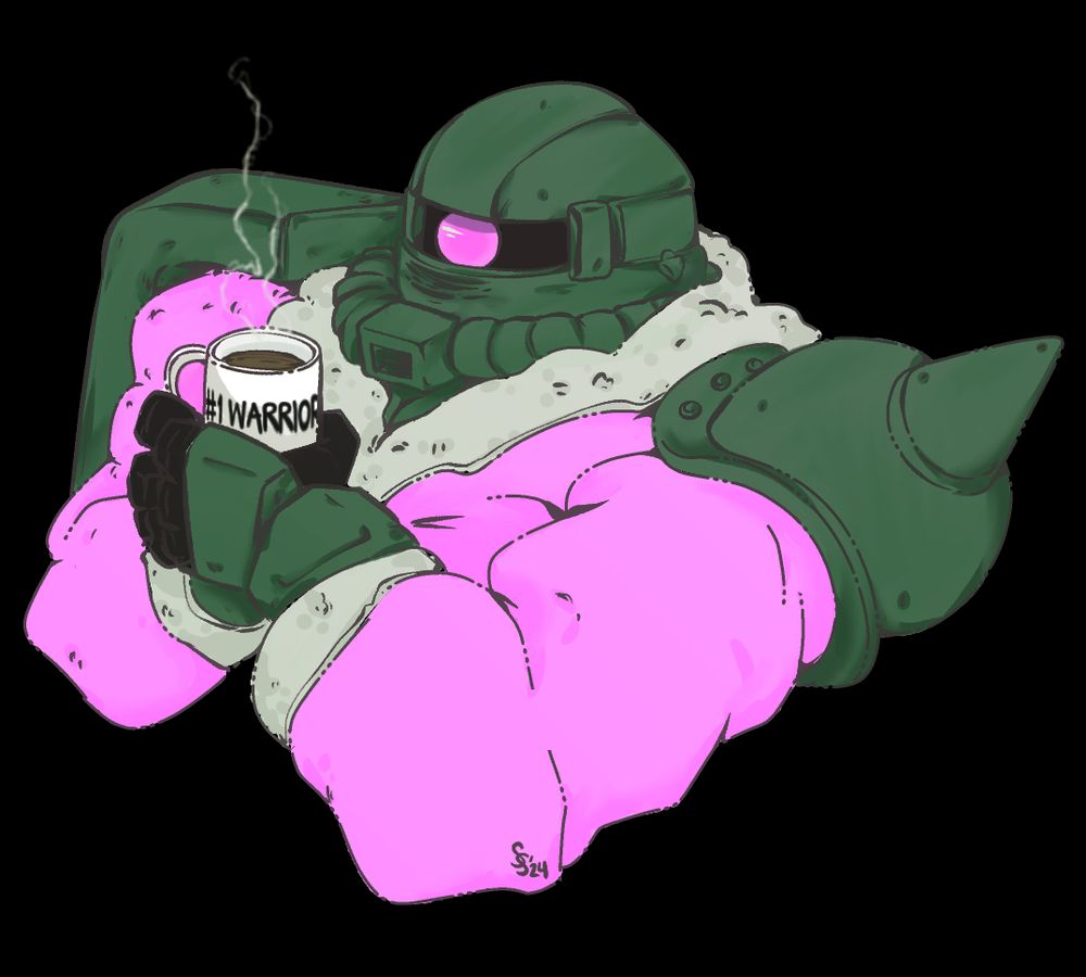 a very tired Zaku in their bathrobe while sipping at some coffee before 'warrior'ing again in the day.