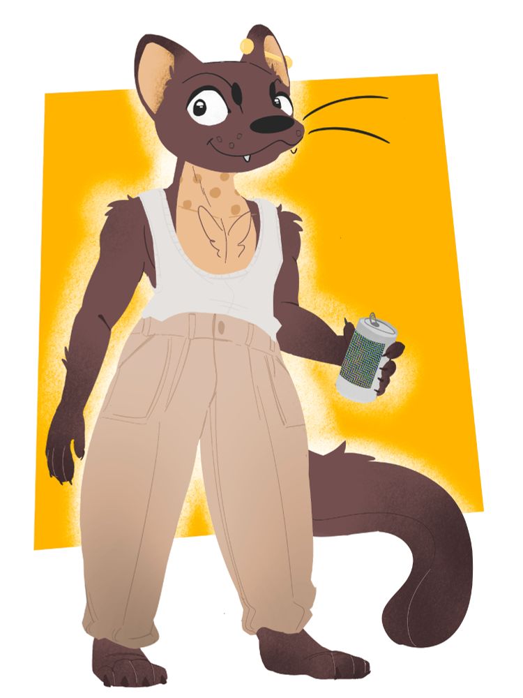 Lineless art of an anthro pine marten. He's wearing a tank top, tucked into a pair of balloon pants, and holding a beer