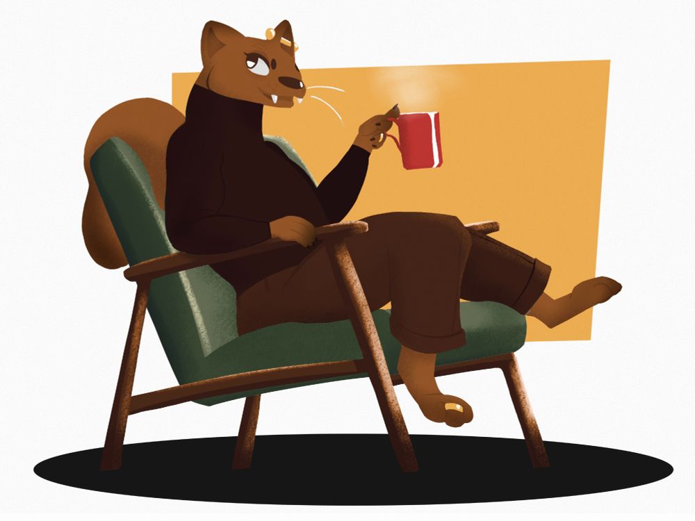 A cosy looking anthro pine marten, relaxing on an armchair and holding a steaming cup of coffee