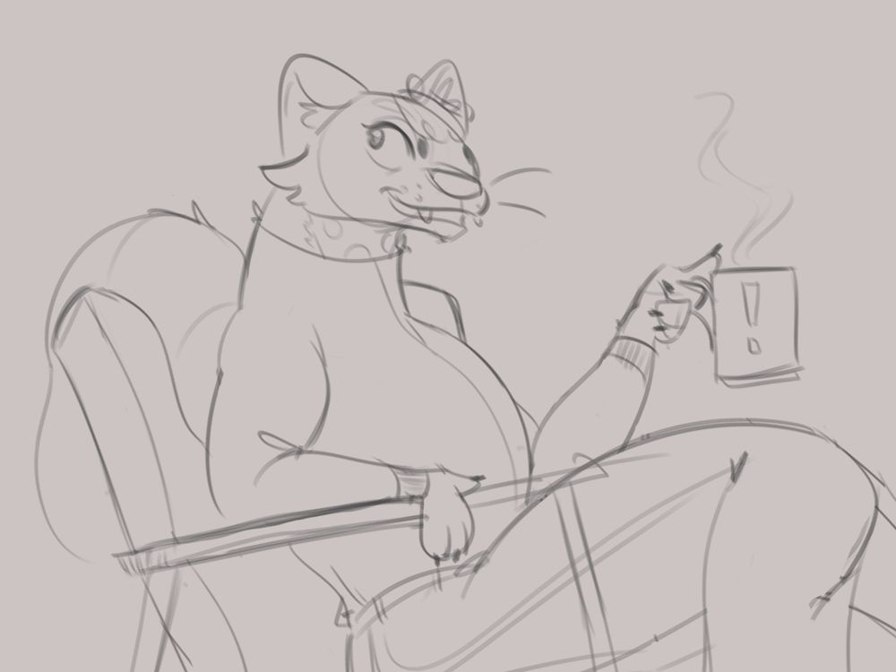 Doodle of an anthro pine marten sitting in a lounge chair and enjoying a cup of coffee