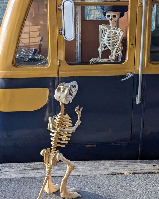 A skeleton with a drivers cap sits in the cab of the Walker with a dino skeleton looking at him.