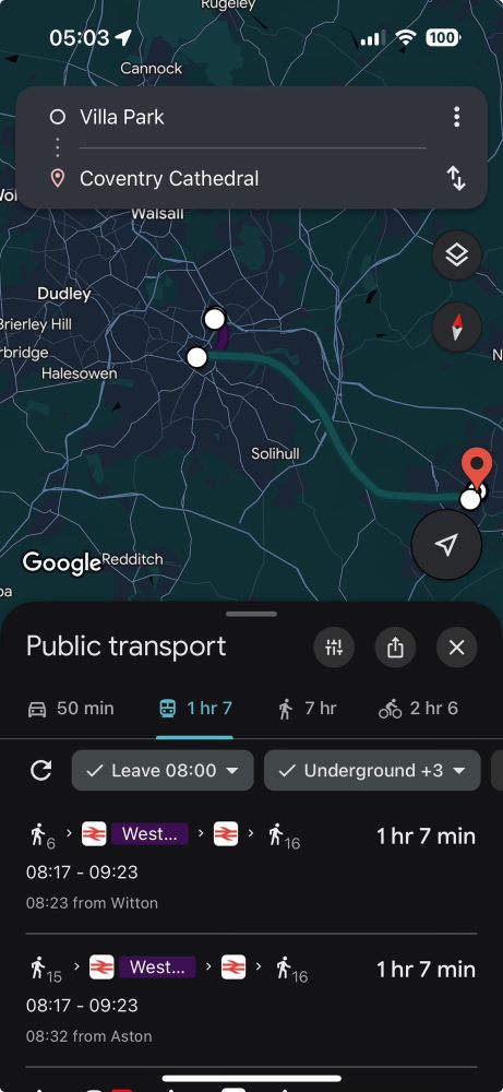 Example of Google Maps public transport directions in UK 