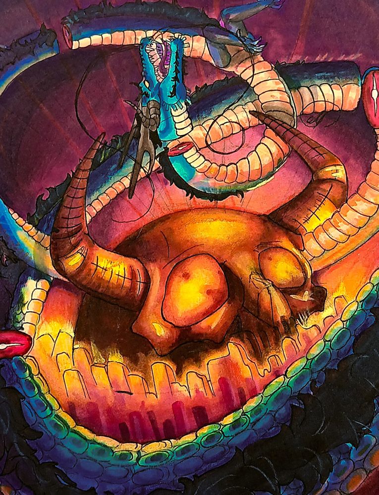 Kaido flying above Onigashima, being cut in  piece 