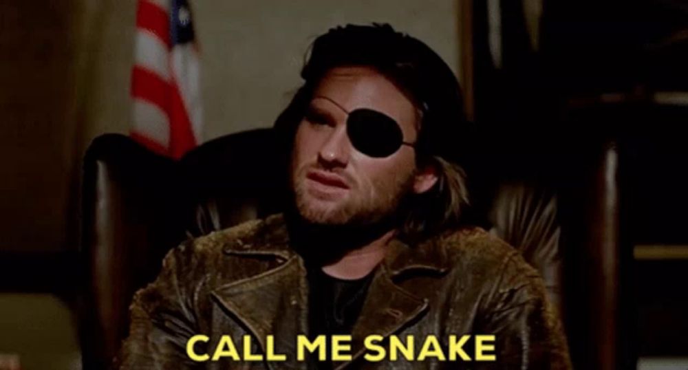 a man in a leather jacket with a patch on his eye says call me snake