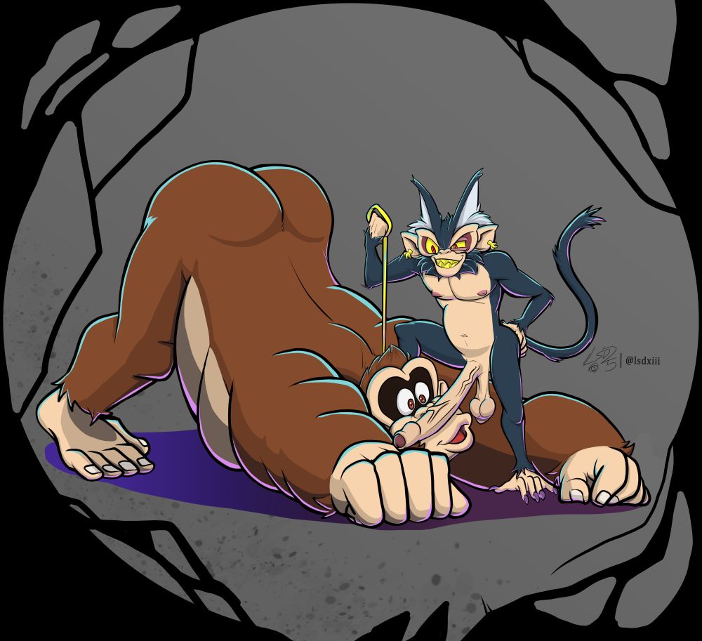 Pinup of Donkey Kong with his head down and butt raised in the air similar to the Jack-O Pose. He is wearing a golden leash held by Void Kong, who's long cock is draped right in front of DK's face while dominantly standing one of this legs on DK's head. DK looks super enamored with the smaller monkey's massive cock.