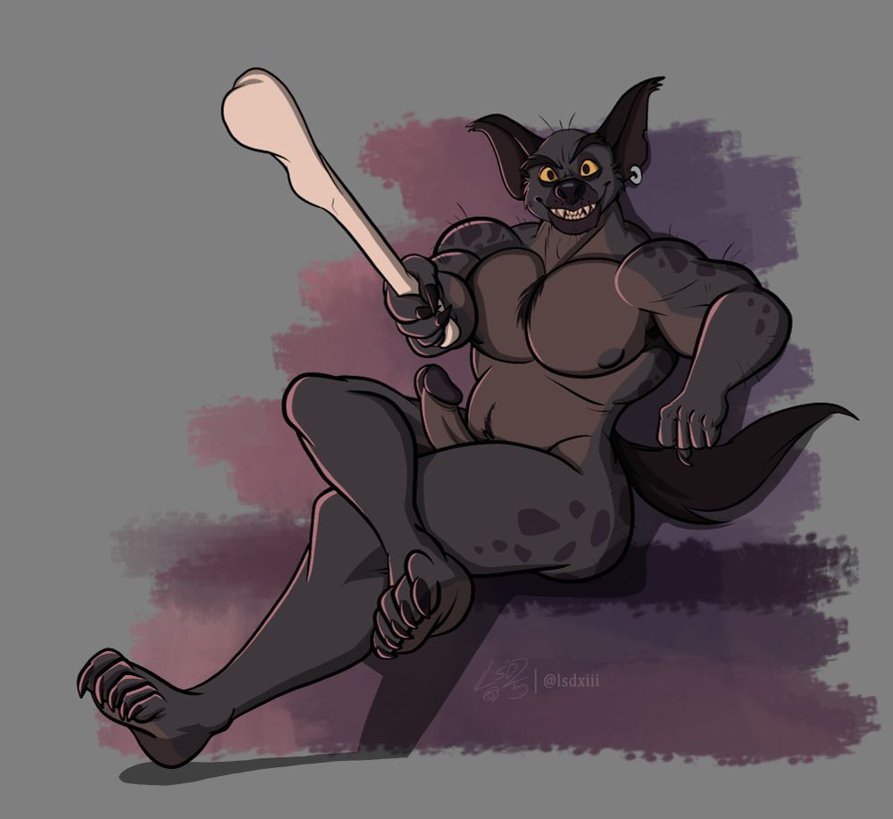 A solo pinup of Banzai the hyena from the Lion King. He sits lsightly cross legged while extending a large bone towards the viewer, eyeing them expectantly. His meaty cock pokes up from between his crossed thighs.
