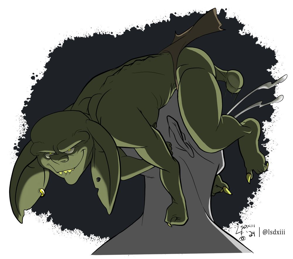 A green goblin, underlit in a spooky way, clings to the head of a gray anon with his balls swinging around and a double stream of cum erupting from where the anon's mouth is. The goblins eyes are rolling back in his eyes, its one of the best nuts he's ever had!