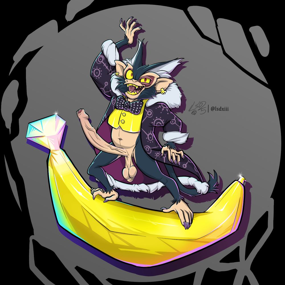 Pinup of Void Kong posing on top of a big shiny crystalline banana. He is wearing his full clothing set while his cock stands tall and proud.