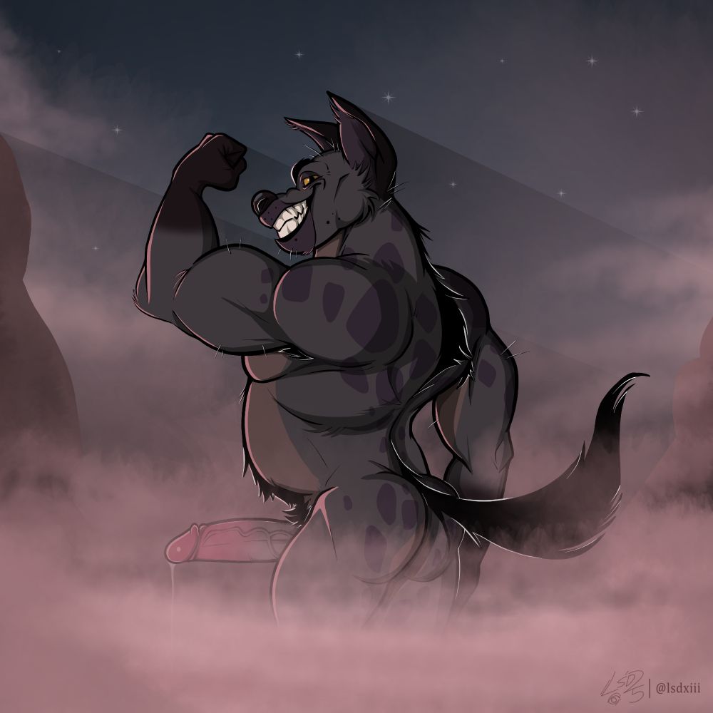 Pinup of Banzai the hyena standing in a dusty/foggy low lit area of the Elephant Graveyard. He is eyeing the viewer with a mischievous grin, flexing his thick as hell arm while his massive cock dribbles pre in anticipation...

#bara #furry