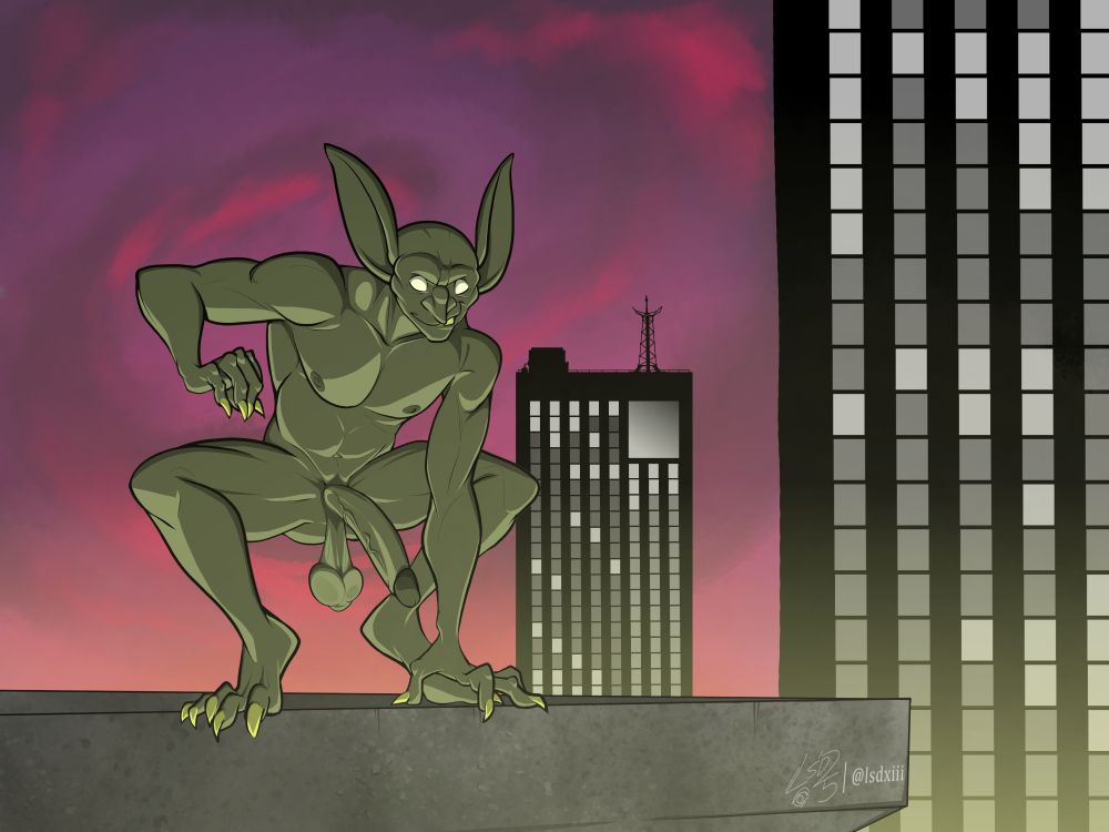 A goblin, low lit from the street lights below, prowls on a rooftop. He is eyeing the streets below, searching for some hot men to fuck.