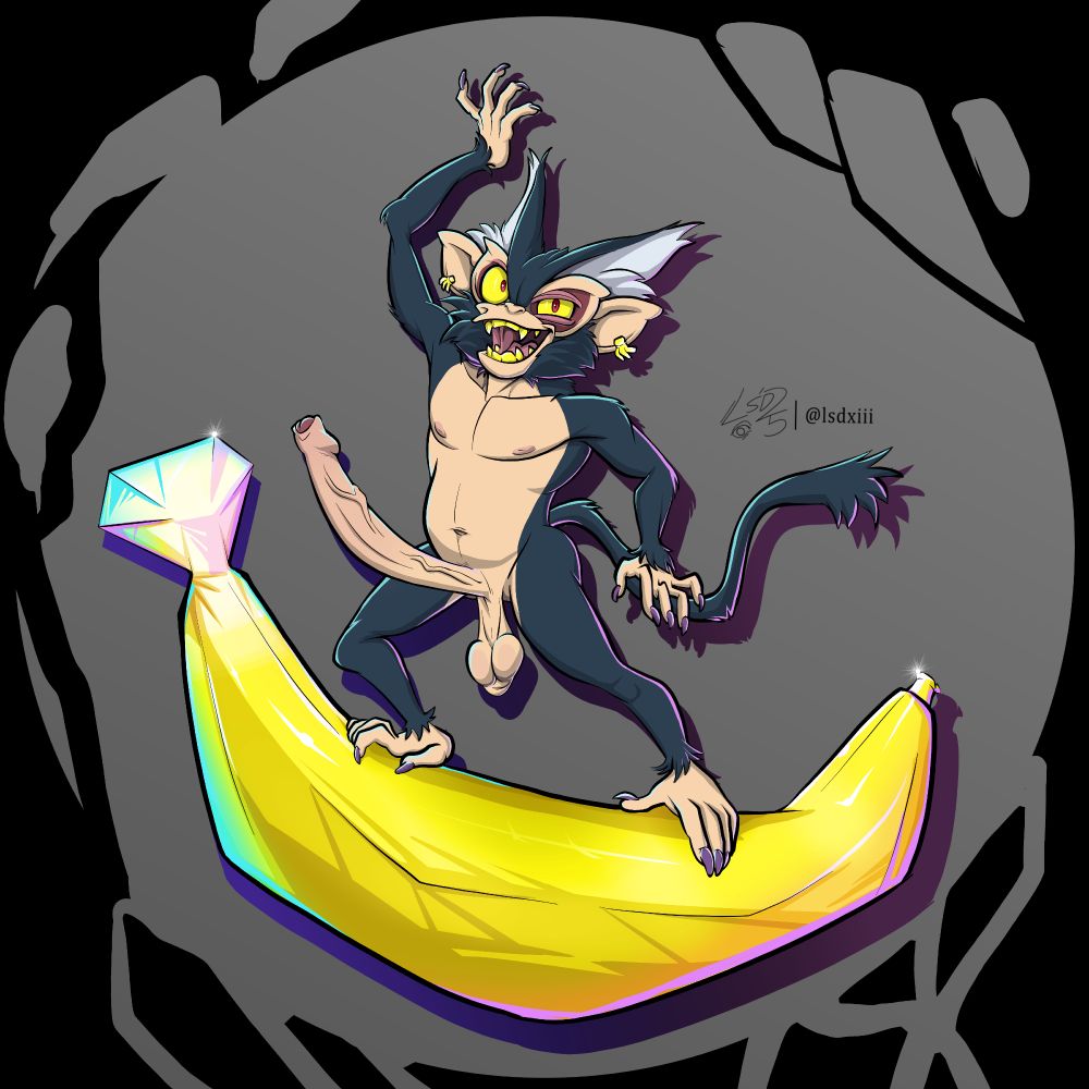 Pinup of Void Kong posing on top of a big shiny crystalline banana. He is butt naked and his cock stands tall and proud.
