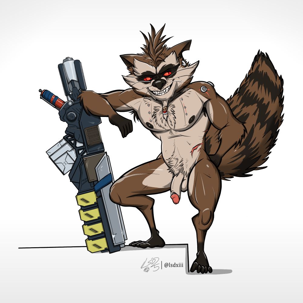 Pinup of Rocket Raccoon leaning on his big gun. His cock is casually flaccid as he eyes the viewer with a ratty grin.