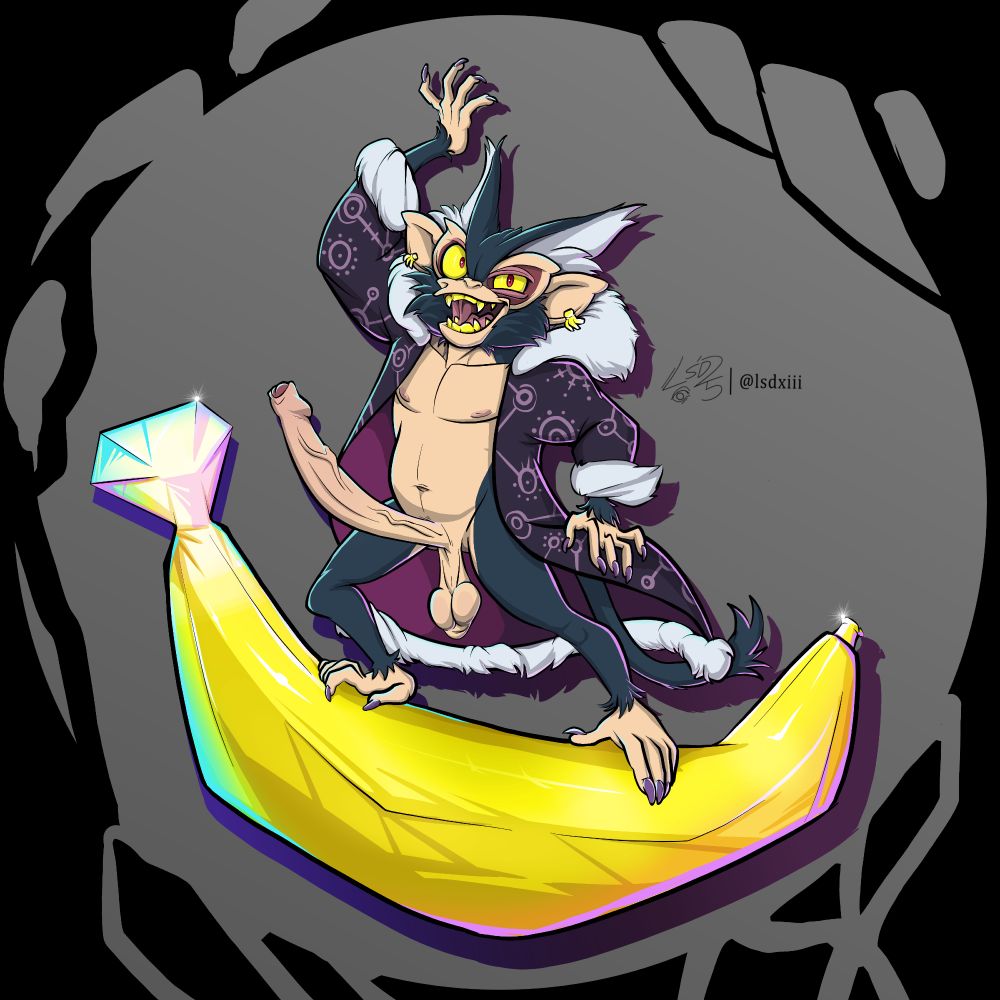 Pinup of Void Kong posing on top of a big shiny crystalline banana. He is dressed in only his pimp style jacket, slightly exposing his chest, and his cock stands tall and proud.
