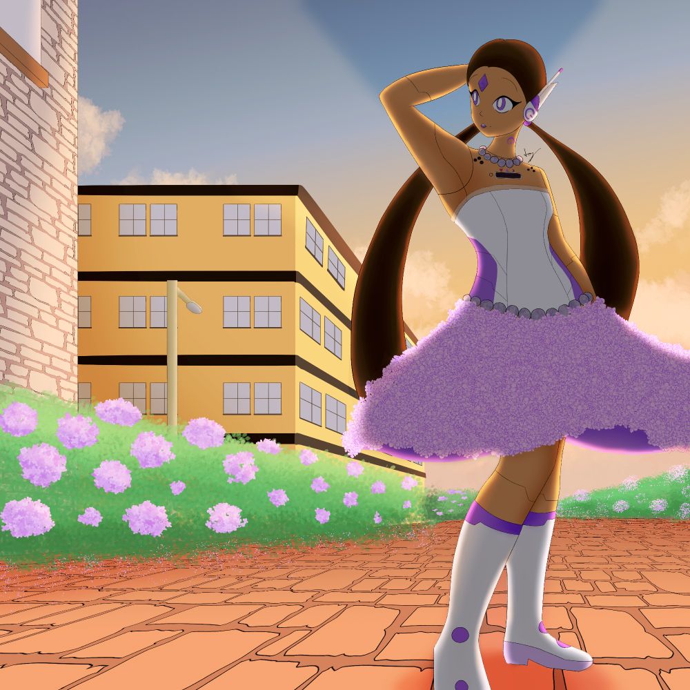 An empty street with a orange stone sidewalk with bushes full of purple hydrangea on the side and a house made of stone on the left, some further away you can see a yellow house with brown ceiling and a light post before it and if you look a bit further away you can see an evening sky with clouds retiring from he sky.

In the middle of the sidewalk you can see Gumdropchaos sona, Gumcha standing on while looking to the sky, slowly leaning back, she is using a white and purple dress without sleeves and that has a  belt made out of Lepiodite pearls, the skirt of her dress is made of purple hydrangea and she is using her regular white and purple boots, her long pigtails flow on her back and her head accessories that resemble a big headphone is only shown on the right side. She is on counter the sun giving her a glowing ligth aura around her that can be seen on all her body.