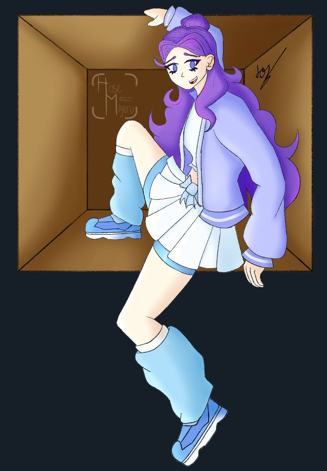 Fan art of Morry Sona coming out of a cardboad box, she is using her regular atire of a withe skirt and top with a short underneat of the skirt, above the top she is usign a purple jacket uni style with large heather socks and blue running shoes, her large purple hair it's still on the box and she has a akward smile on her face while holding herself to the top of the box.