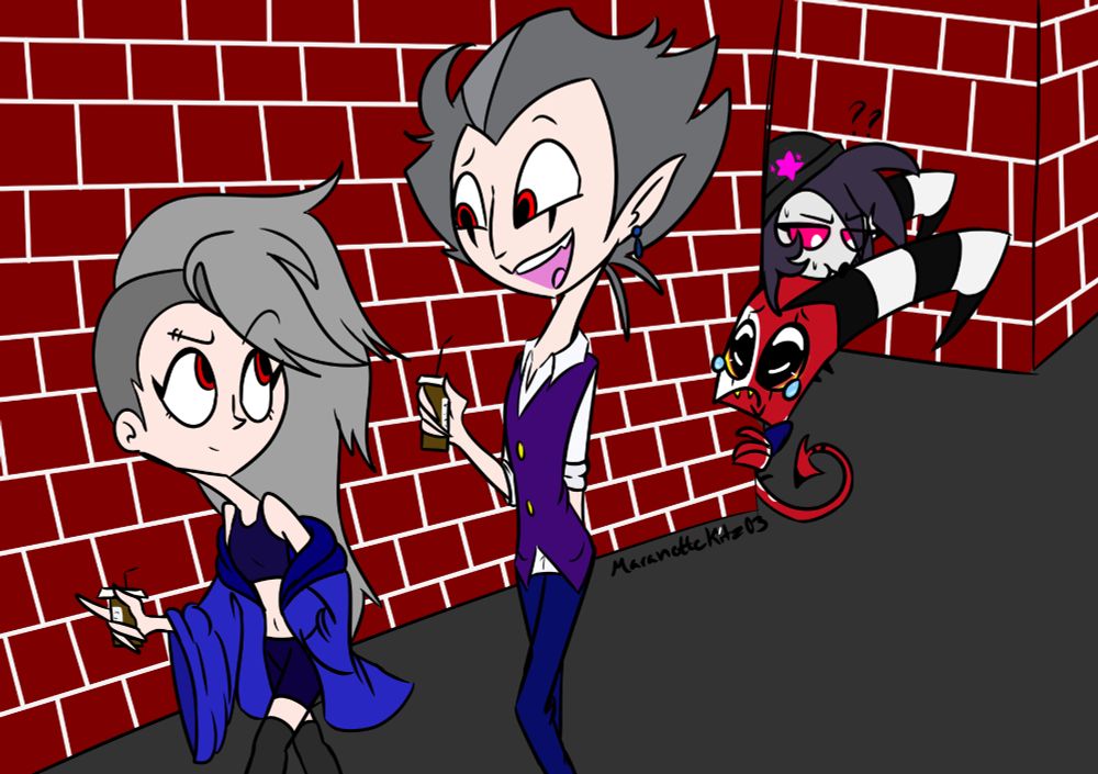 Day 6: Father Daughter Bonding
Stolas and Loona hanging out as Blitzø spies on them with a confused & annoyed Via in tow🤣🤣