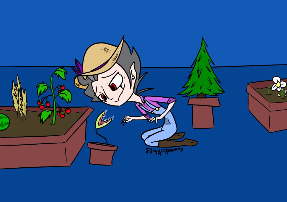 Day 7: Plant
Human Stolas kneeling over to inspect his Venus Flytrap as he is surrounded by his other plants and crops💜💜