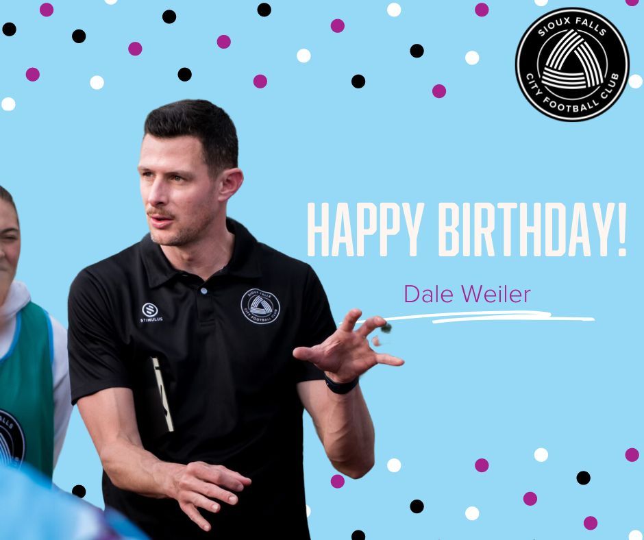 Birthday announcement for Assistant Coach Dale Weiler. The background of the image is a light blue with black, white, and pink polka dots bordering the top and bottom of the image. Dale is centered in the left side of the image wearing a black SFCFC polo and is coaching a couple of players. To the right of Dale is text that reads "Happy Birthday" and under that reads "Dale Weiler" in pink text and underlined with a white line. IN the top right of the image is the SFCFC logo.