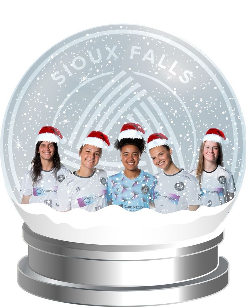 A snow globe image with Sioux Falls city FC players inside wearing Santa hats. The globe also has the SFCFC logo in it.