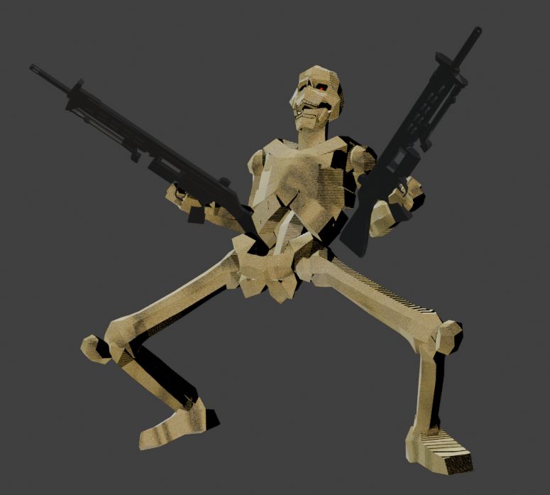 Big boned skeleton ecstatically holding guns like that one meme