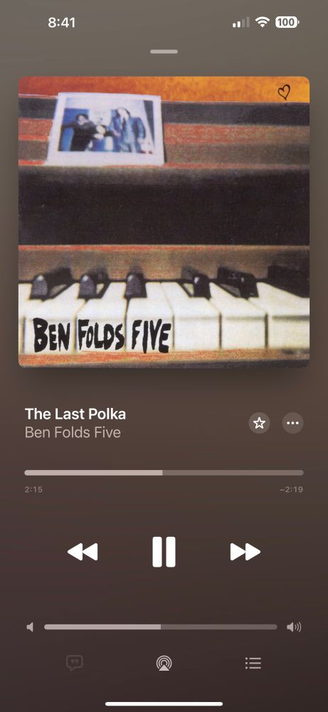 A picture of Ben Folds Five “The Last Polka” playing on a phone.